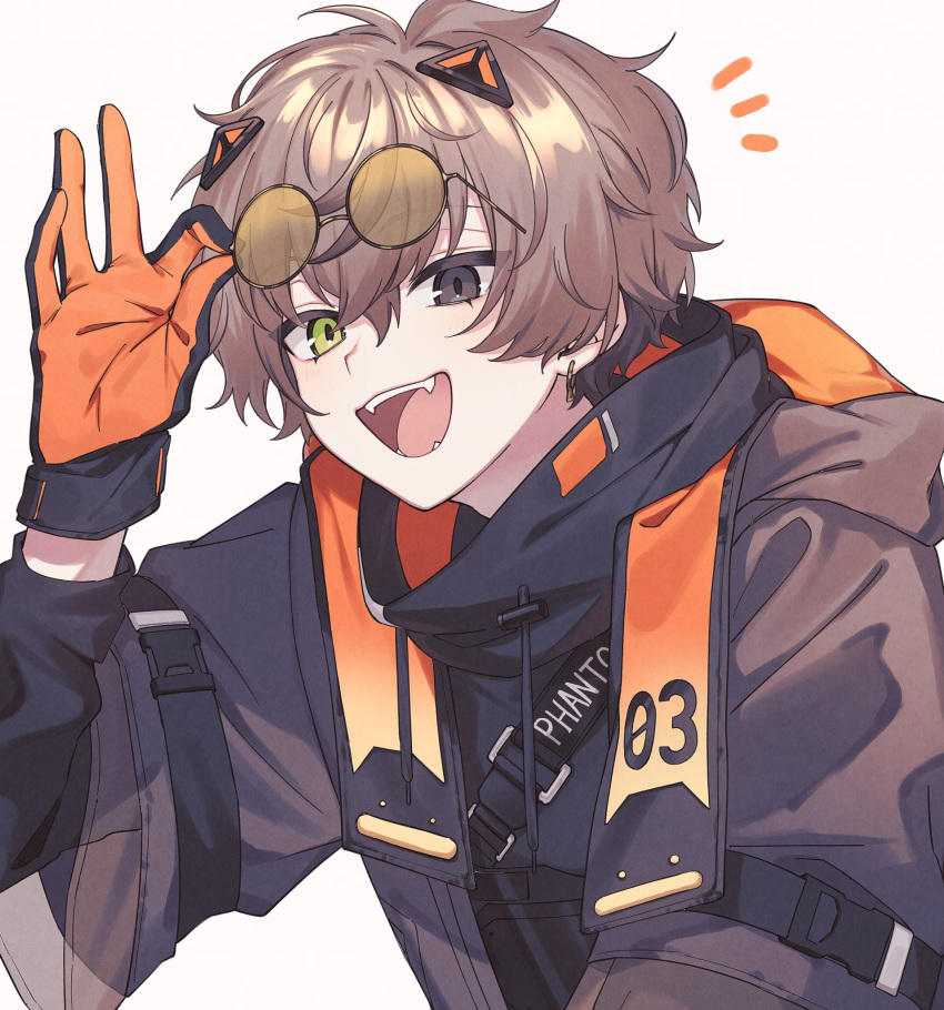 1boy, adjusting_eyewear, alban_knox, animal_ears, bishounen, black_eyes, black_jacket, brown_hair