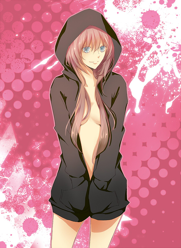 bad_id, breasts, hoodie, long_hair, megurine_luka, miyabi_1123, pink_hair, smile