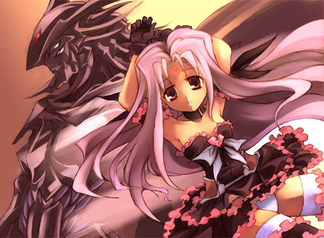 armor, full_armor, garyu, kouno_hikaru, lutecia, lutecia_alpine, lyrical_nanoha, mahou_shoujo_lyrical_nanoha, mahou_shoujo_lyrical_nanoha_strikers, monster, panties, purple_hair, red_eyes, underwear