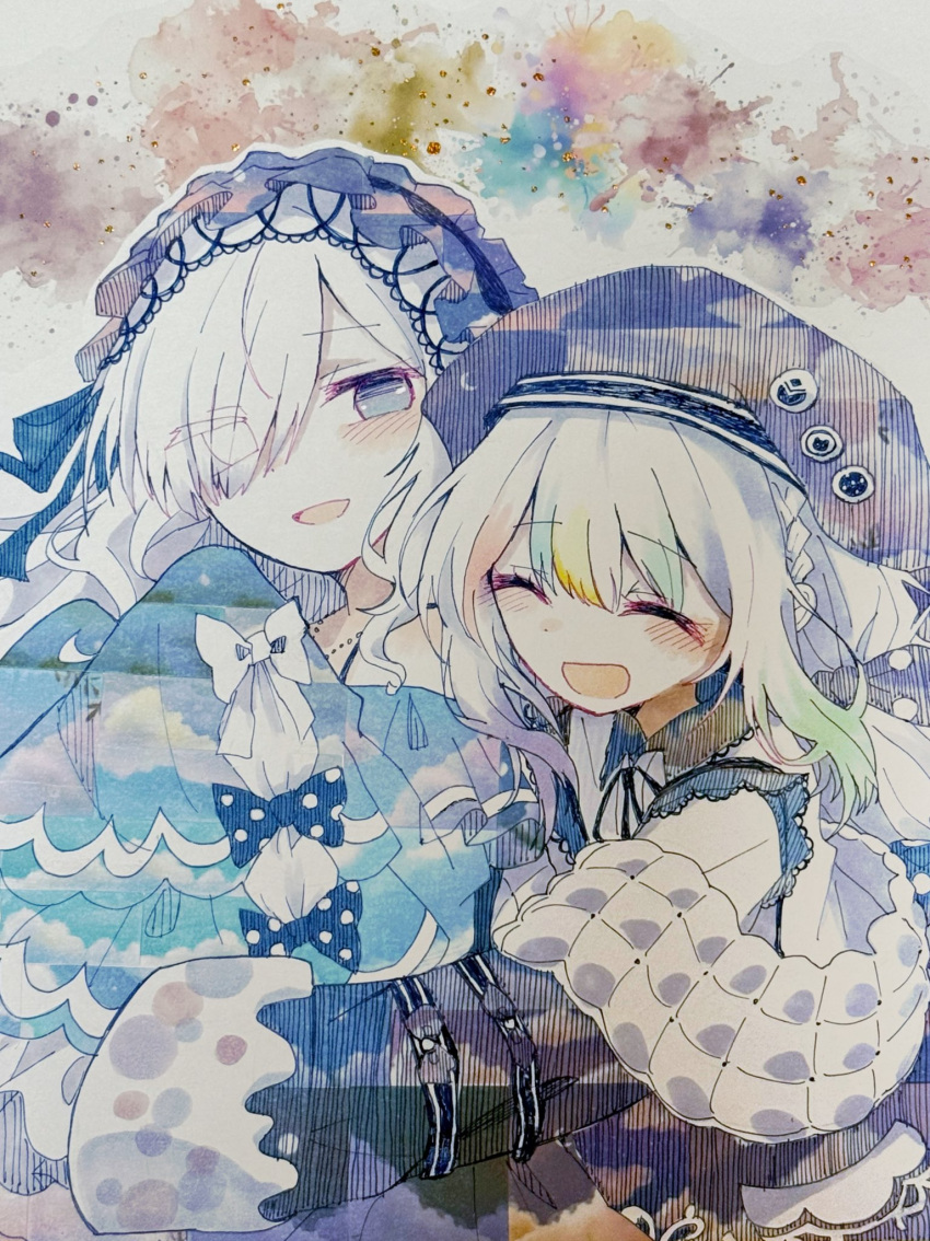 2girls, :d, ^_^, beret, black_jacket, blue_hairband, closed_eyes, eyes_visible_through_hair, frilled_sleeves, frills, gothic_lolita, hair_over_one_eye, hairband, hat, highres, hug, jacket, jogasaki_noah, lolita_fashion, lolita_hairband, long_hair, long_sleeves, looking_at_another, mahou_shoujo_no_majo_saiban, multi-tied_hair, multicolored_hair, multiple_girls, natsume_an-an, neck_ribbon, open_mouth, otomebakudan, ribbon, sleeves_past_fingers, sleeves_past_wrists, smile, streaked_hair, traditional_media, white_hair
