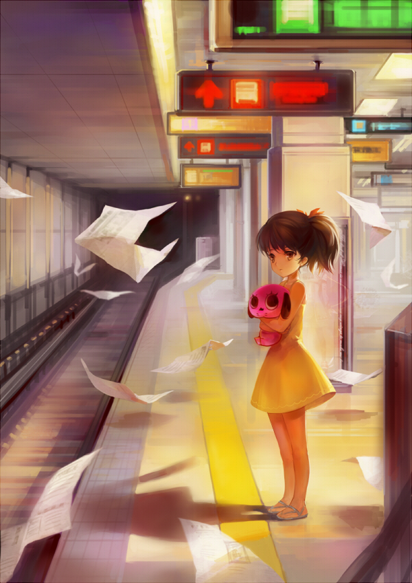 brown_hair, child, dog, dress, flying_paper, maromi, mousou_dairinin, paper