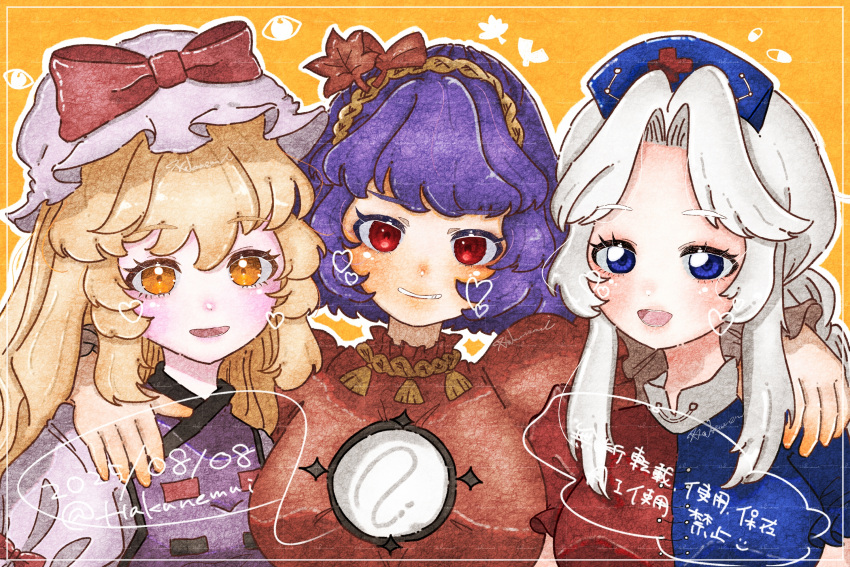 3girls, arm_around_neck, blonde_hair, blush, bow, breasts, commentary, curtained_hair
