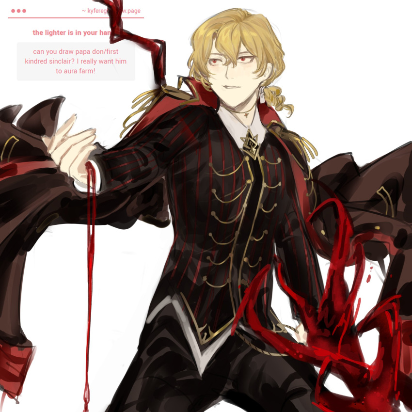 1boy, alternate_costume, black_coat, blonde_hair, blood, blood_on_hands, coat, cosplay