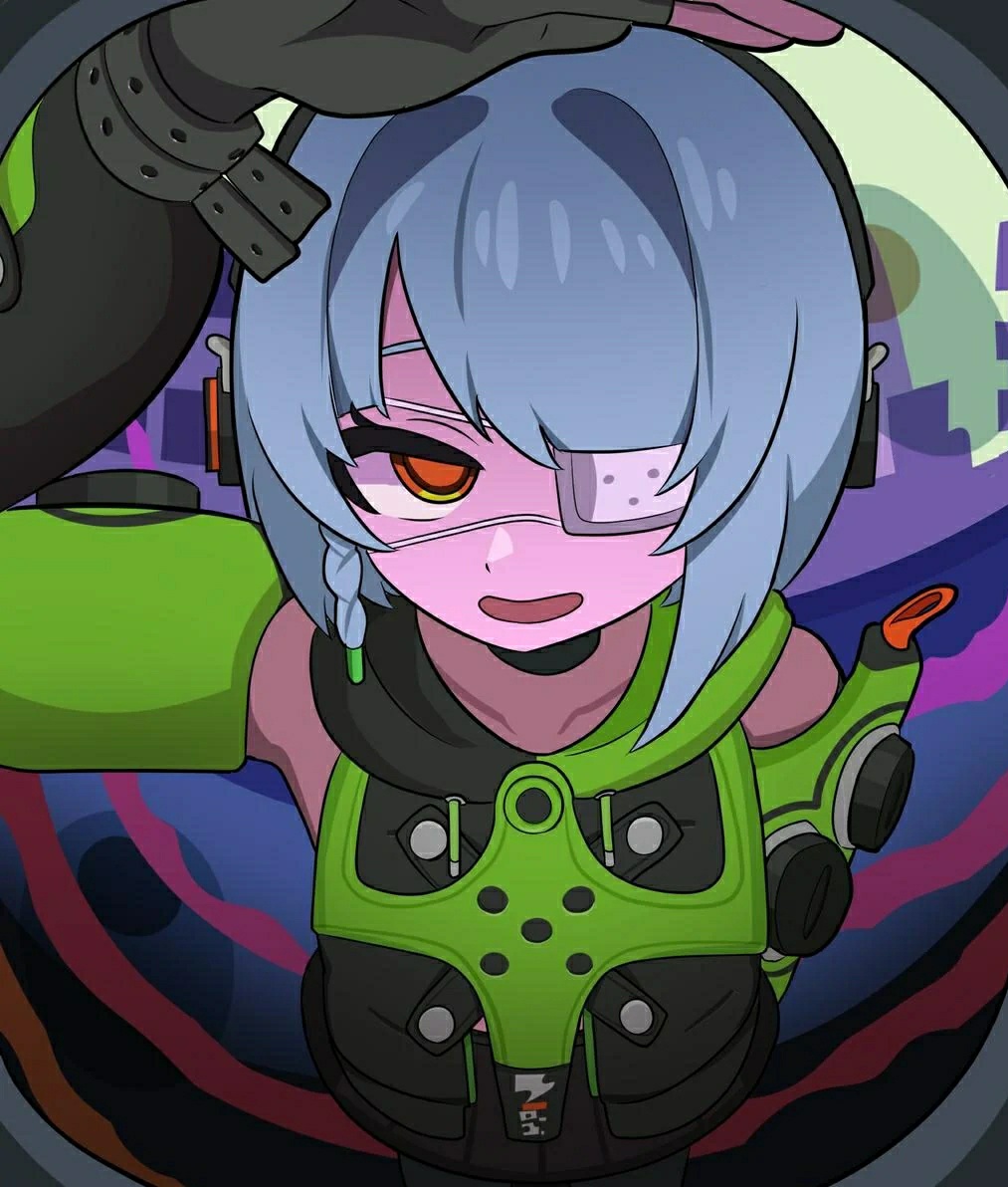 1girl, anby_demara_(cosplay), door, eyepatch, looking_at_viewer, short_hair, twiggy_(zenless_zone_zero), zenless_zone_zero