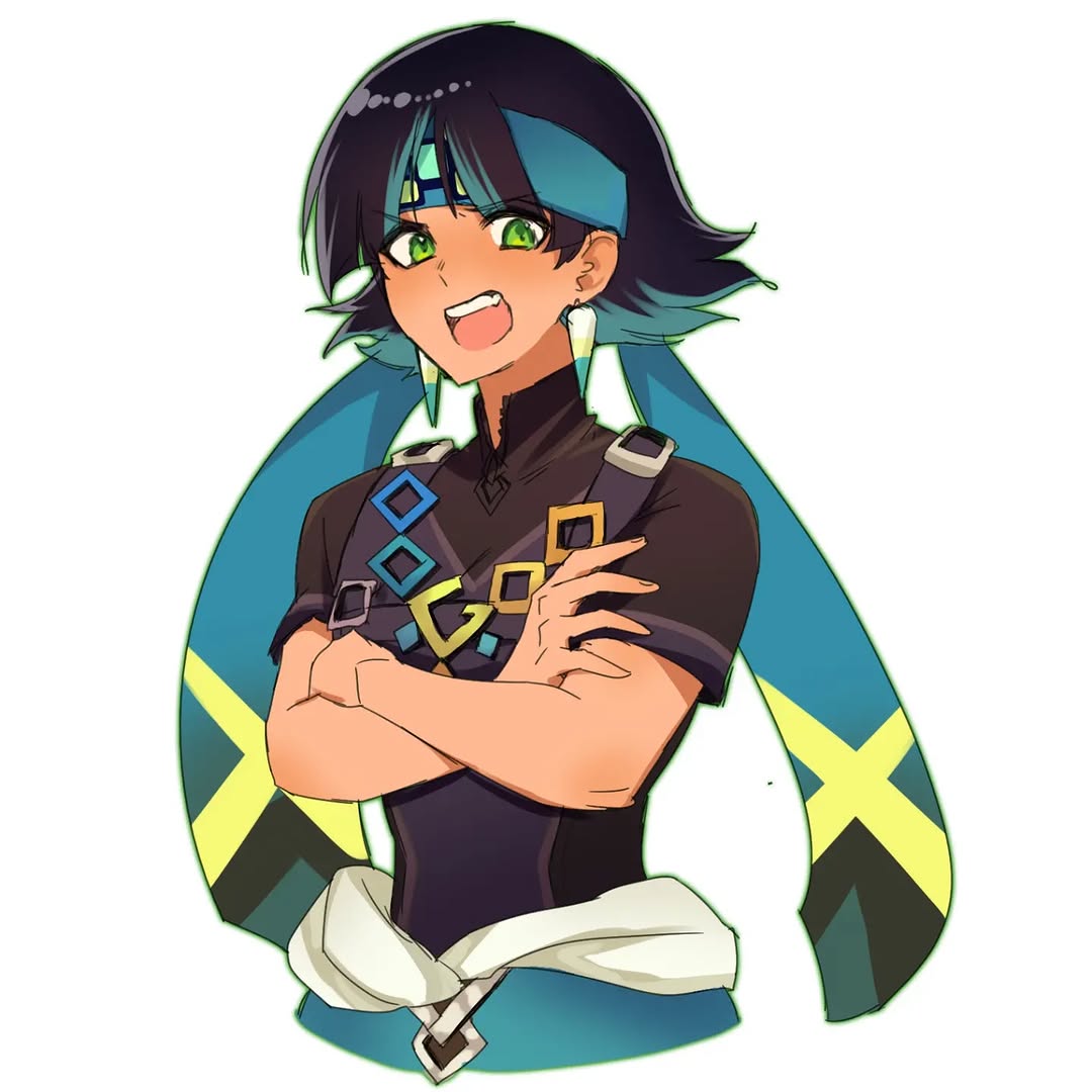 1girl, aqua_hair, aqua_headband, black_hair, black_shirt, buttercup_(ppg), cosplay, crossed_arms, debodraw, earrings, genshin_impact, green_eyes, hair_between_eyes, headband, jewelry, kinich_(genshin_impact), kinich_(genshin_impact)_(cosplay), multicolored_hair, open_mouth, powerpuff_girls, shirt, short_hair, short_sleeves, solo, tan, two-tone_hair