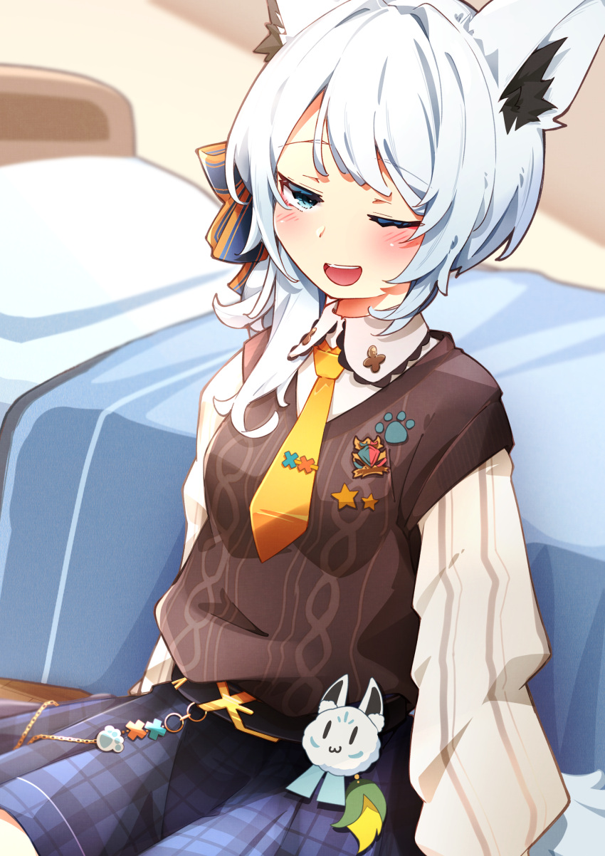 1girl, absurdres, animal_ears, blue_eyes, blue_skirt, blush, brown_cardigan, cardigan
