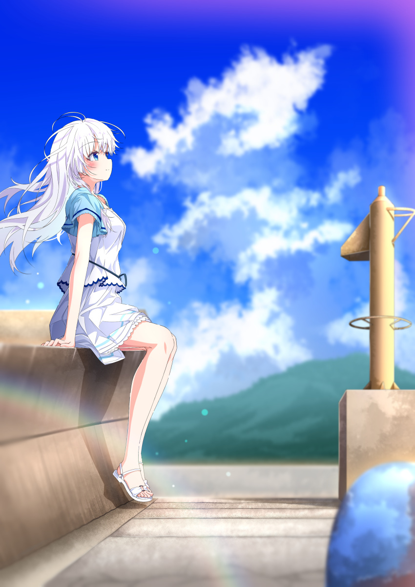 1girl, absurdres, arm_at_side, blue_eyes, blue_shirt, blue_sky, blush, center_frills, closed_mouth, clouds, commentary_request, cumulonimbus_cloud, day, eyelashes, floating_hair, frilled_shirt, frilled_skirt, frills, from_side, full_body, hair_between_eyes, highres, kyamiuu, lens_flare, long_hair, looking_up, miniskirt, naruse_shiroha, outdoors, profile, sandals, shirt, short_sleeves, sidelocks, sitting, skirt, sky, smile, solo, summer_pockets, tareme, toes, very_long_hair, white_hair, white_sandals, white_shirt, white_skirt, wind