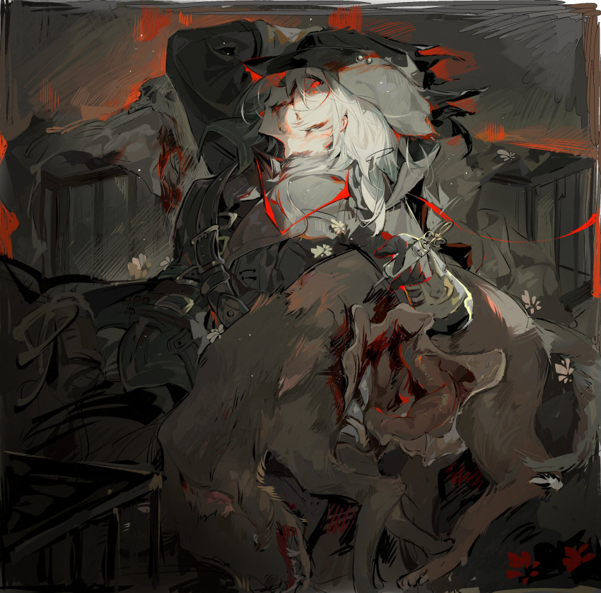 1girl, belt, black_coat, bleeding, blood, blood_on_clothes, blood_on_face, bloodborne, border, coat, commentary, flower, gloves, hashtag-only_commentary, hat, highres, holding, lady_maria_of_the_astral_clocktower, long_hair, mk1liaoqian, red_eyes, solo, tricorne, white_hair, wolf