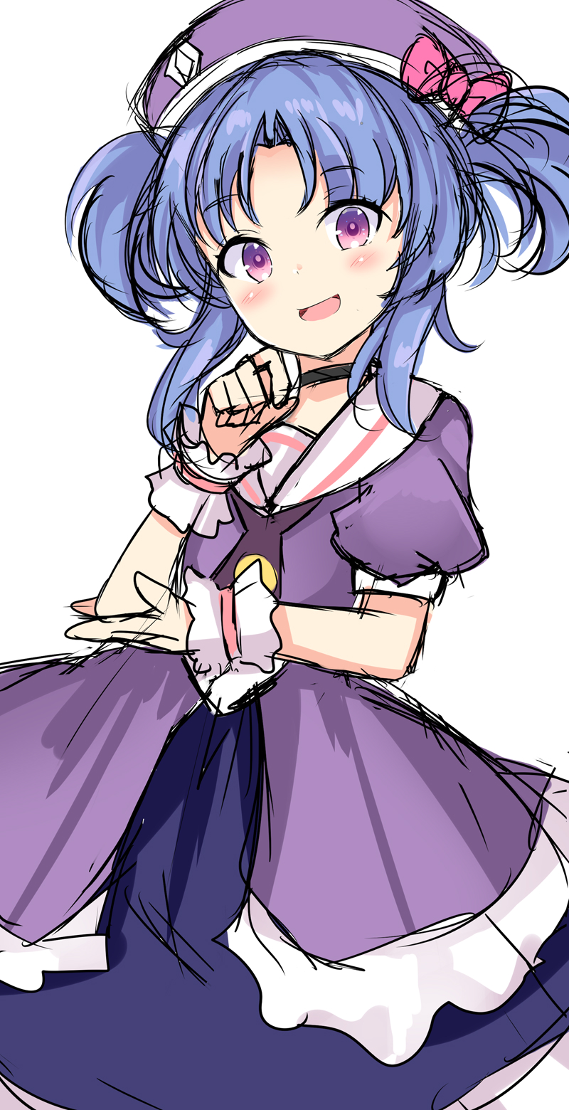 1girl, aru_(arudes), black_choker, blue_hair, bow, choker, dress, hat