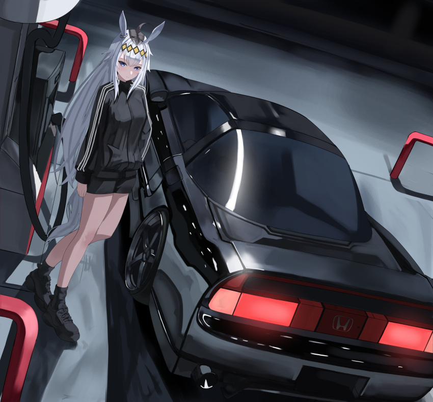 1girl, absurdres, ahoge, animal_ears, black_car, black_jacket, black_shoes, black_shorts