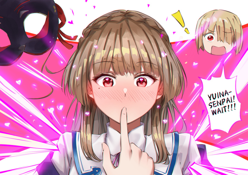 !, !!, 2girls, absurdres, black_mask, blonde_hair, blunt_bangs, blush