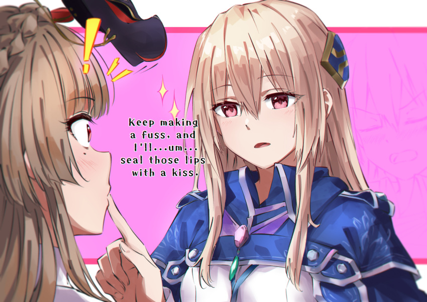 !, 2girls, absurdres, blonde_hair, blue_cloak, blush, braid, brown_hair