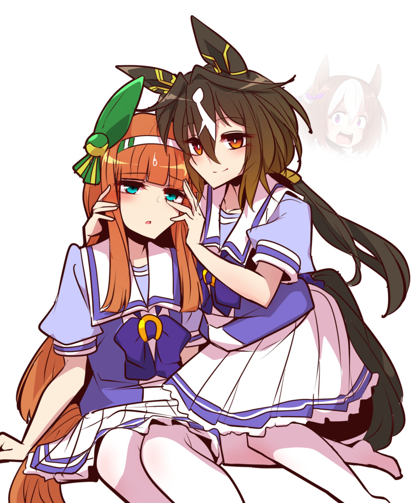 2girls, agemasen!_(meme), animal_ears, aqua_eyes, blunt_bangs, blunt_tresses, bow, bright_pupils, brown_hair, commentary, ear_bow, ear_covers, gradient_hair, hair_between_eyes, hair_intakes, hair_ornament, hairband, highres, horse_ears, horse_girl, horse_tail, long_hair, low_ponytail, meme, multicolored_hair, multiple_girls, orange_eyes, pleated_skirt, ponytail, puffy_short_sleeves, puffy_sleeves, purple_bow, sailor_collar, school_uniform, short_sleeves, sidelocks, silence_suzuka_(umamusume), skirt, special_week_(umamusume), stay_gold_(umamusume), striped_clothes, striped_hairband, summer_uniform, sweatdrop, tail, thigh-highs, tracen_school_uniform, umamusume, violet_eyes, white_background, white_hair, white_hairband, white_sailor_collar, white_skirt, white_streaks, white_thighhighs, yonedatomo_mizu