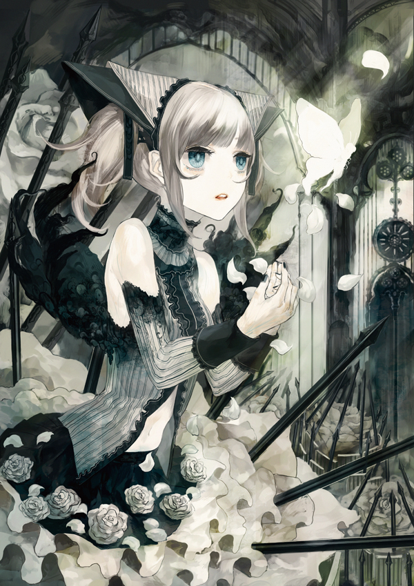 bare_shoulders, black_wings, blue_eyes, brown_hair, butterfly, choker, detached_sleeves, dress