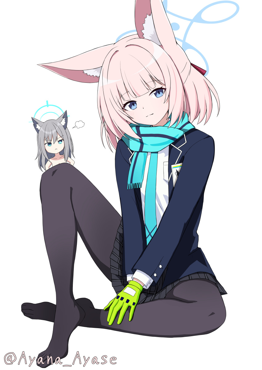 2girls, :<, absurdres, animal_ear_fluff, animal_ears, ayana_ayase, black_pantyhose, black_skirt, blue_archive, blue_eyes, blue_halo, blue_jacket, blue_necktie, blue_scarf, blunt_bangs, bright_pupils, chibi, chibi_inset, closed_mouth, commentary, cosplay, fox_ears, fox_girl, fringe_trim, frown, full_body, gloves, green_gloves, grey_hair, hair_between_eyes, half_updo, halo, highres, id_card, jacket, knee_up, light_blush, long_sleeves, looking_at_viewer, medium_hair, miniskirt, mismatched_pupils, multiple_girls, necktie, niko_(blue_archive), no_shoes, pantyhose, pink_hair, plaid_clothes, plaid_skirt, pleated_skirt, puff_of_air, scarf, school_uniform, shiroko_(blue_archive), shiroko_(blue_archive)_(cosplay), shirt, simple_background, sitting, skirt, smile, solo_focus, split_mouth, spread_legs, straight_hair, tail, thighs, twitter_username, v-shaped_eyebrows, v_arms, white_background, white_pupils, white_shirt, wolf_ears, wolf_tail