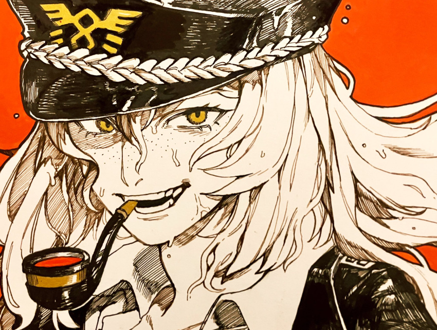 1girl, collared_shirt, freckles, hat, highres, ishmael_(project_moon), jacket, limbus_company