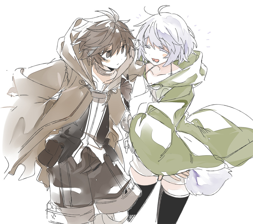 1boy, 1girl, 3_ma_me, ahoge, blush_stickers, brown_eyes, brown_hair, closed_eyes