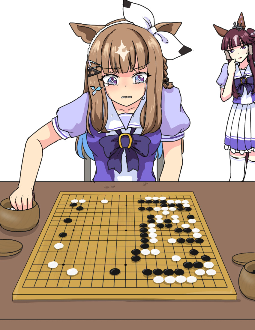 2girls, almond_eye_(umamusume), animal_ears, blue_eyes, blunt_bangs, board_game, bow, bow_hairband