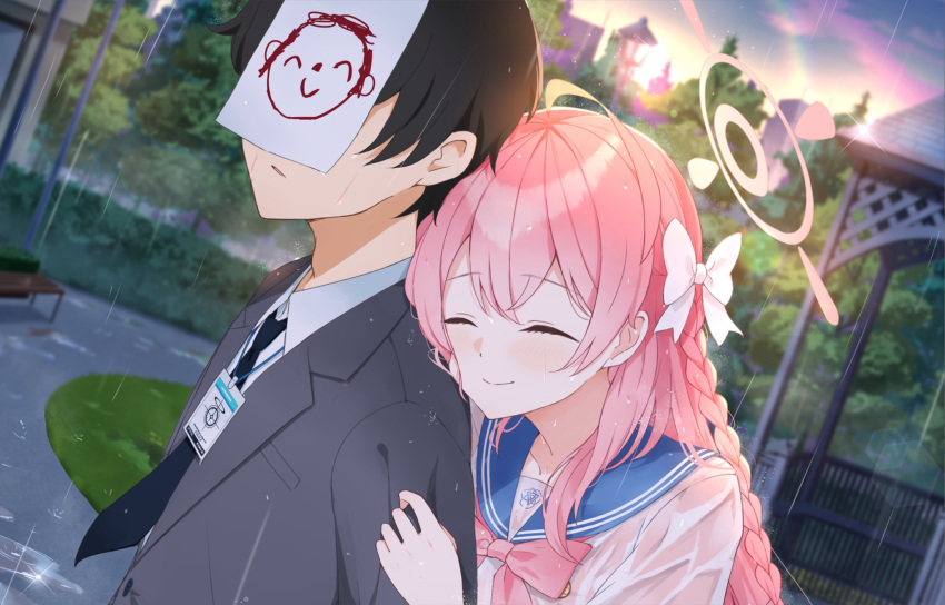 1boy, 1girl, ^_^, ahoge, black_hair, black_necktie, blue_archive, blue_sailor_collar