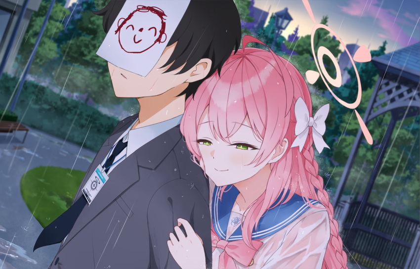 1boy, 1girl, ahoge, black_hair, black_necktie, blue_archive, blue_sailor_collar, blurry