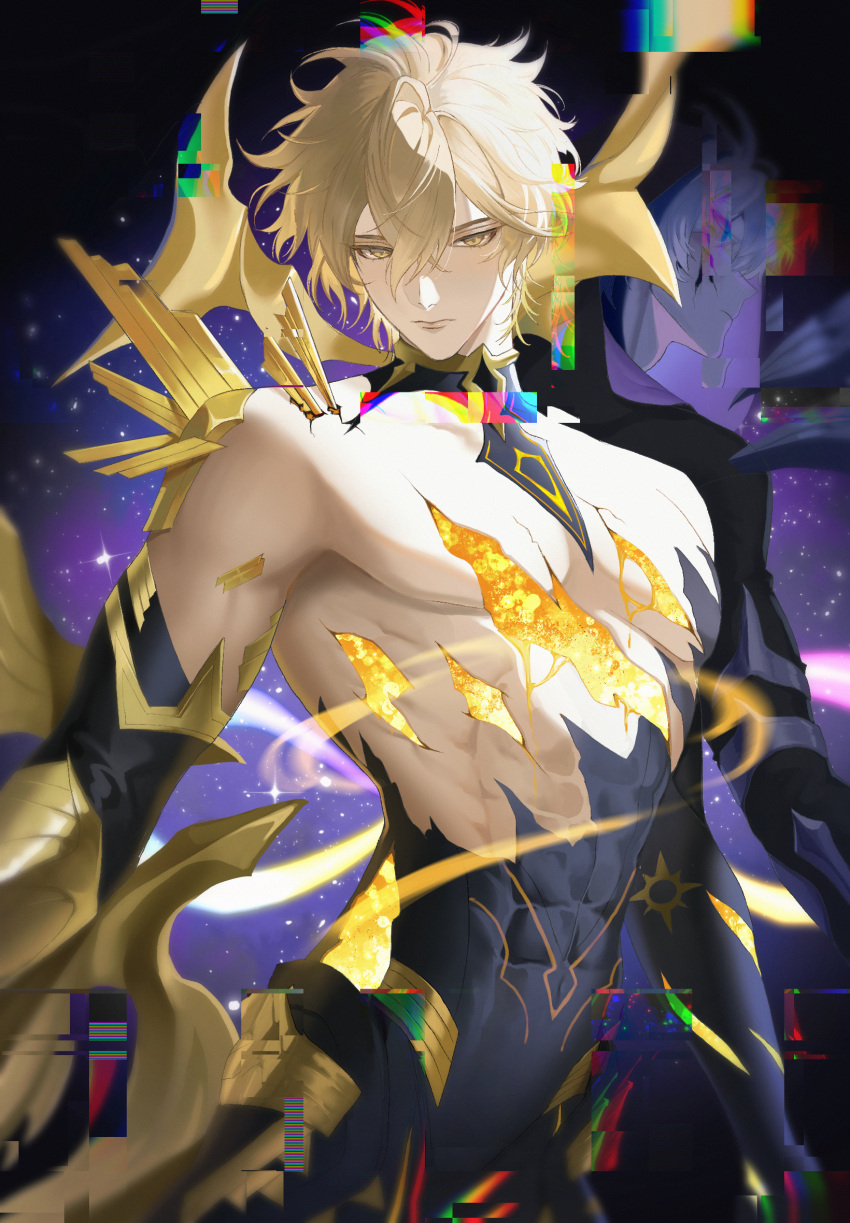 1boy, abs, blonde_hair, glitch, gold, highres, honkai:_star_rail, honkai_(series)