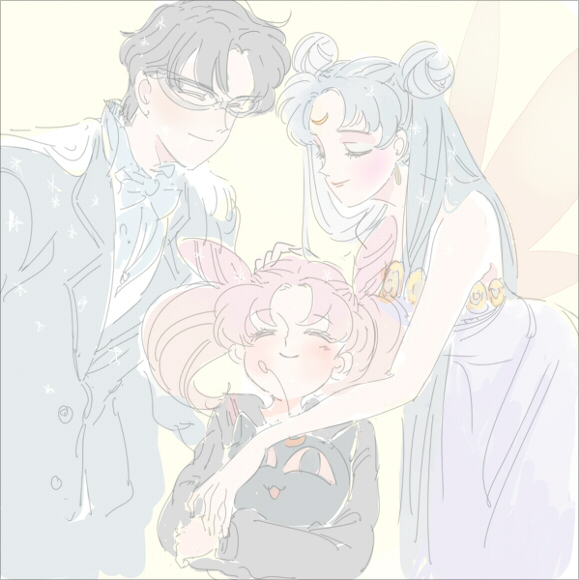 1boy, 2girls, ^_^, bare_shoulders, bishoujo_senshi_sailor_moon, black_hair, blue_hair, blush