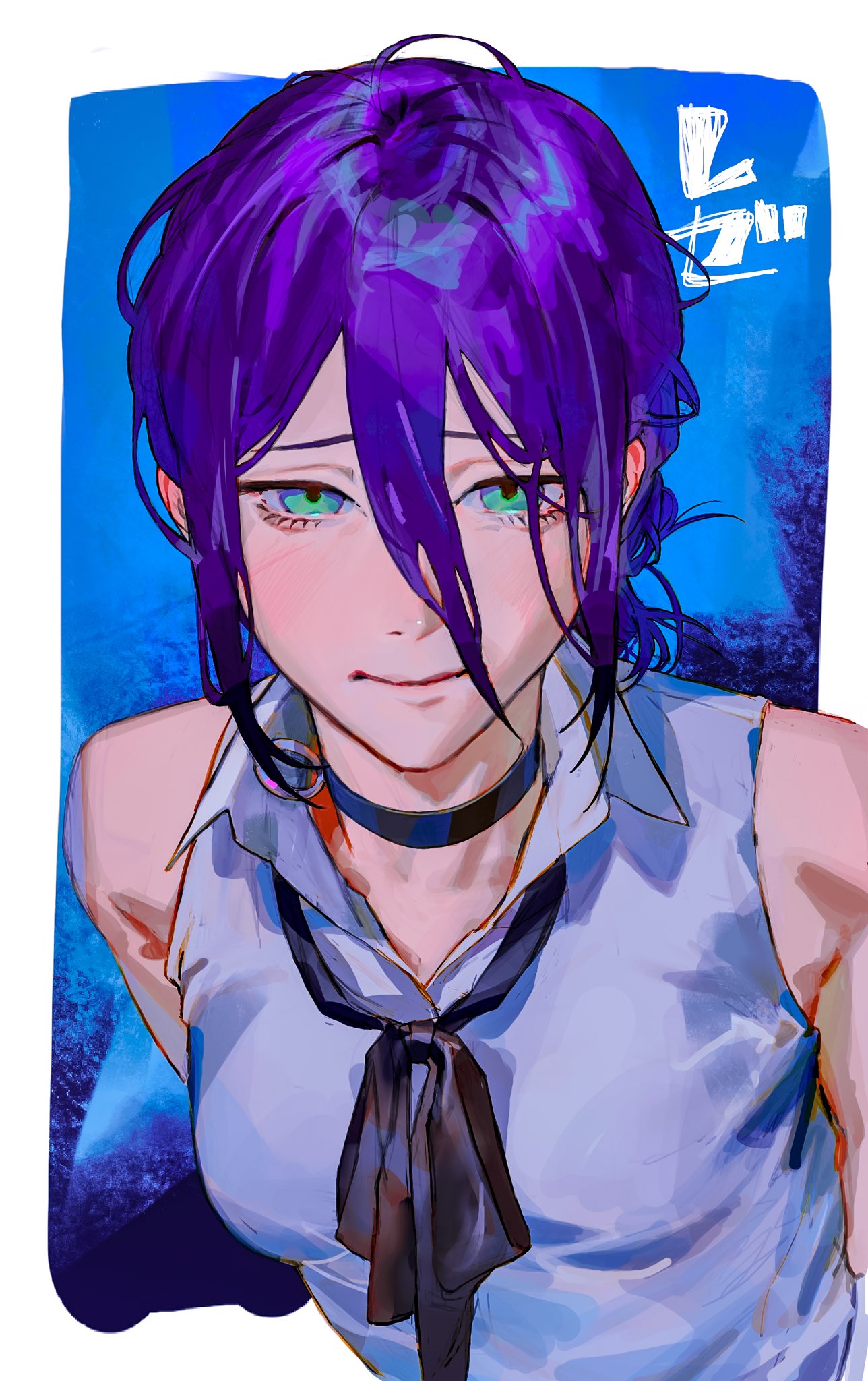 1girl, bare_shoulders, black_choker, black_ribbon, blue_background, border, breasts, chainsaw_man
