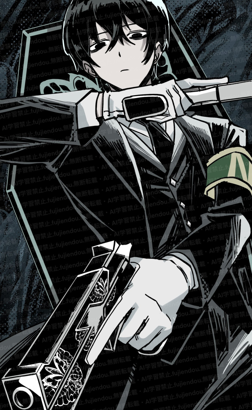 1boy, armband, black_coat, black_eyes, black_hair, black_jacket, black_necktie, black_pants