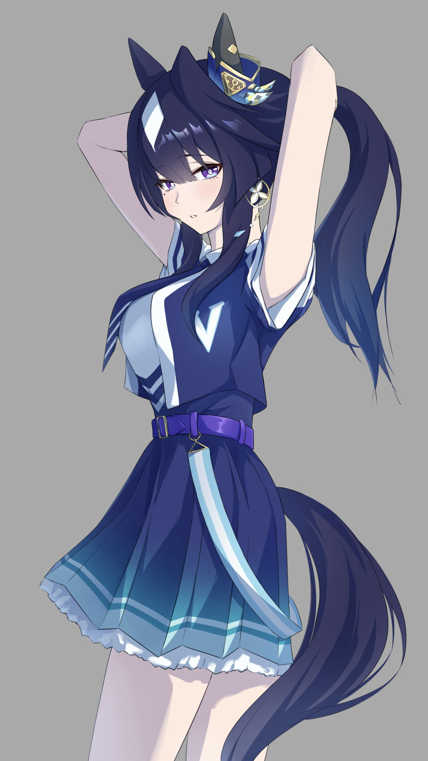 1girl, absurdres, animal_ears, arms_behind_head, belt, blue_hair, breasts, cheerleader