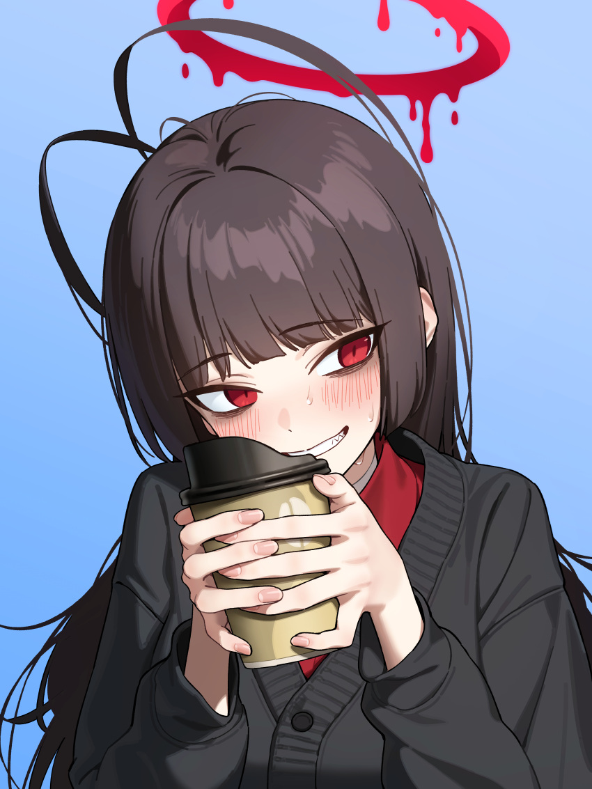 1girl, absurdres, alternate_costume, antenna_hair, b1026, black_cardigan, black_hair, blue_archive