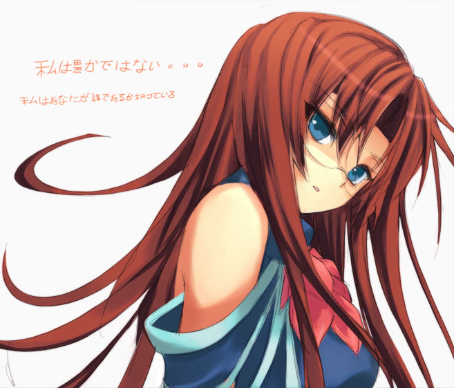 blue_eyes, brown_hair, long_hair, looking_back, original, ribbon, signomi, translation_request