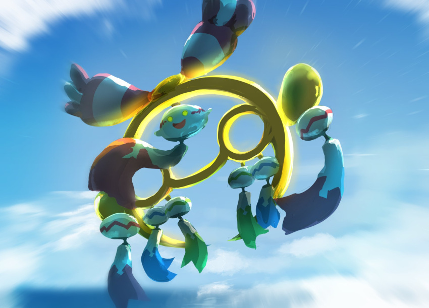 blue_sky, bo_(bouillustration), chimecho, clouds, colored_sclera, full_body, happy, highres