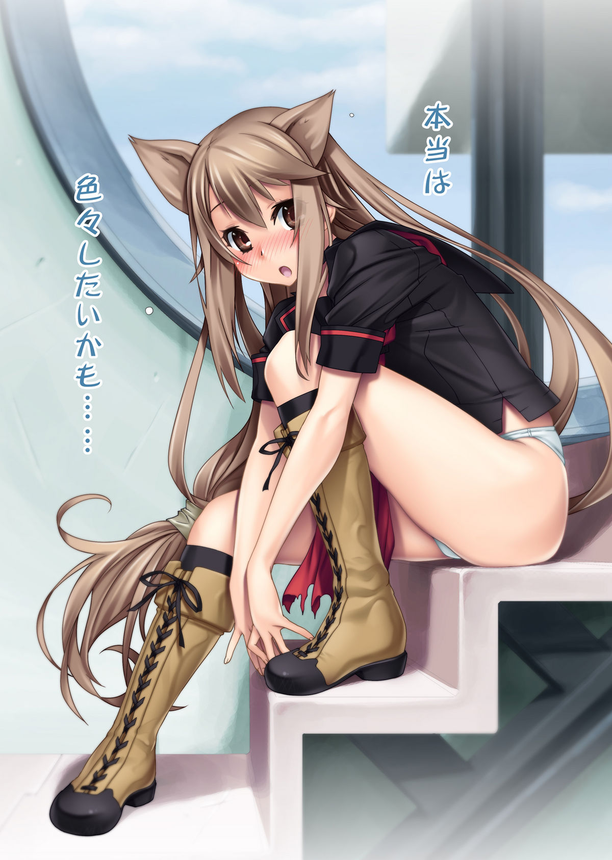 artist_request, blush, boots, brown_eyes, brown_hair, flat_chest, highres, legs