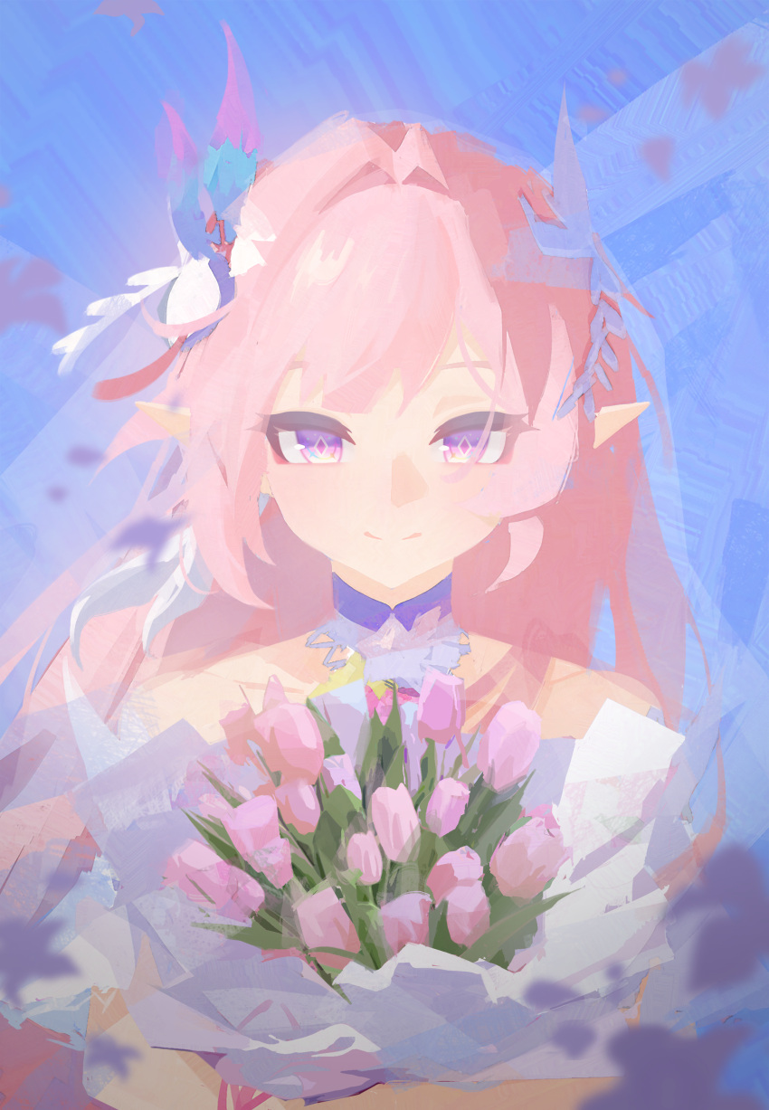 1girl, absurdres, bare_shoulders, blue_sky, bouquet, bridal_veil, chinese_commentary, commentary_request, cyrene_(honkai:_star_rail), cyrene_(ripples_of_past_reverie)_(honkai:_star_rail), diamond-shaped_pupils, diamond_(shape), highres, holding, holding_bouquet, honkai:_star_rail, honkai_(series), long_hair, looking_at_viewer, lty-d, pink_hair, sky, smile, solo, symbol-shaped_pupils, upper_body, veil, very_long_hair, violet_eyes