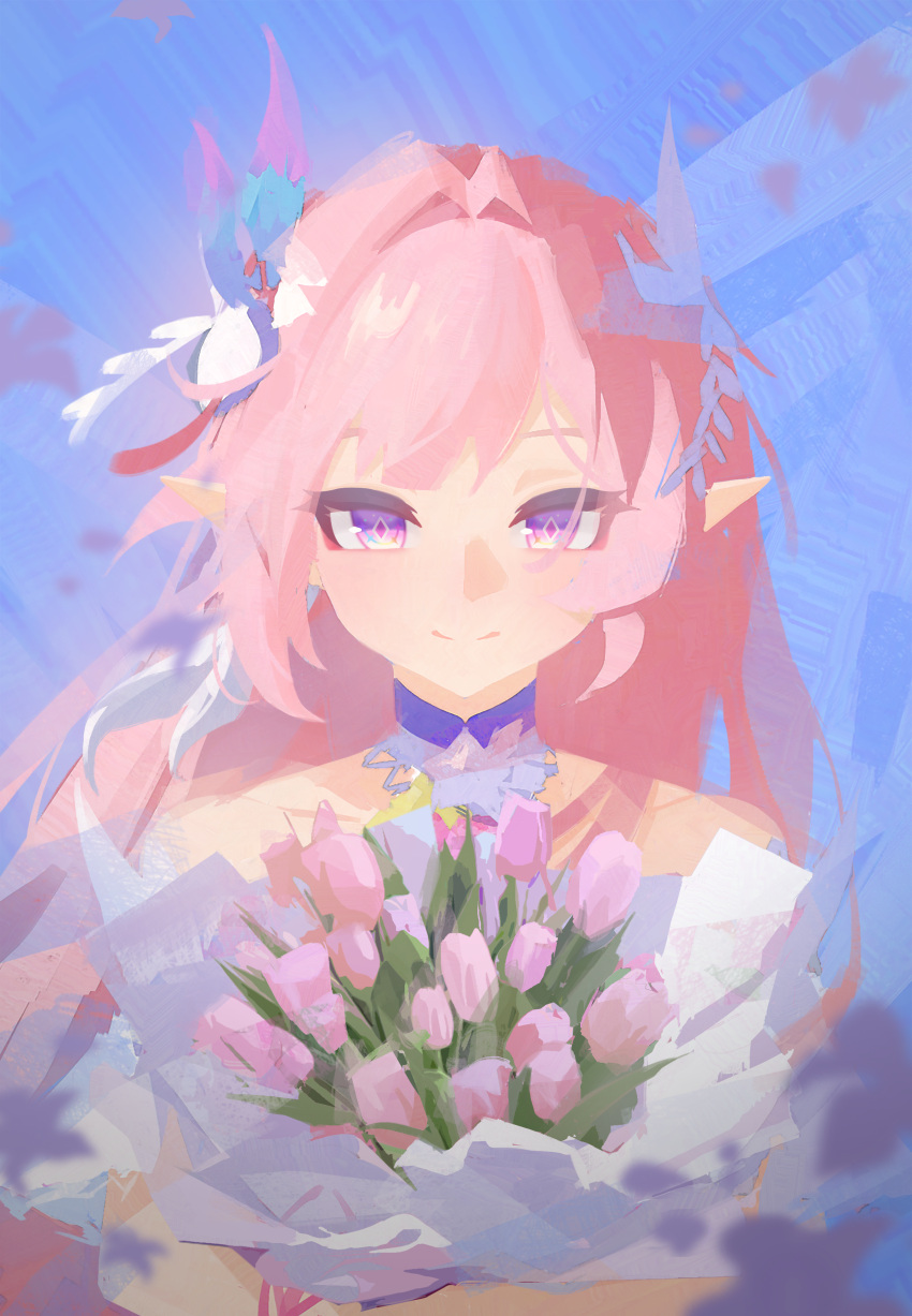 1girl, absurdres, bare_shoulders, blue_sky, bouquet, chinese_commentary, commentary_request, cyrene_(honkai:_star_rail)