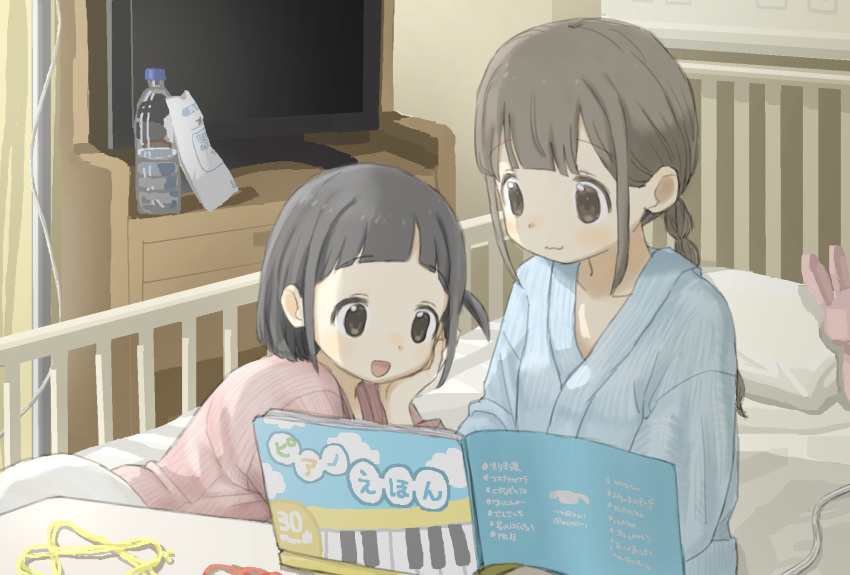 2girls, :d, bed, bottle, braid, chawanwan, child, closed_mouth, grey_hair, head_rest, highres, hospital_bed, hospital_gown, indoors, light_blush, multiple_girls, on_bed, one_side_up, original, pillow, plastic_bottle, smile, stuffed_animal, stuffed_rabbit, stuffed_toy, television, twin_braids, water_bottle