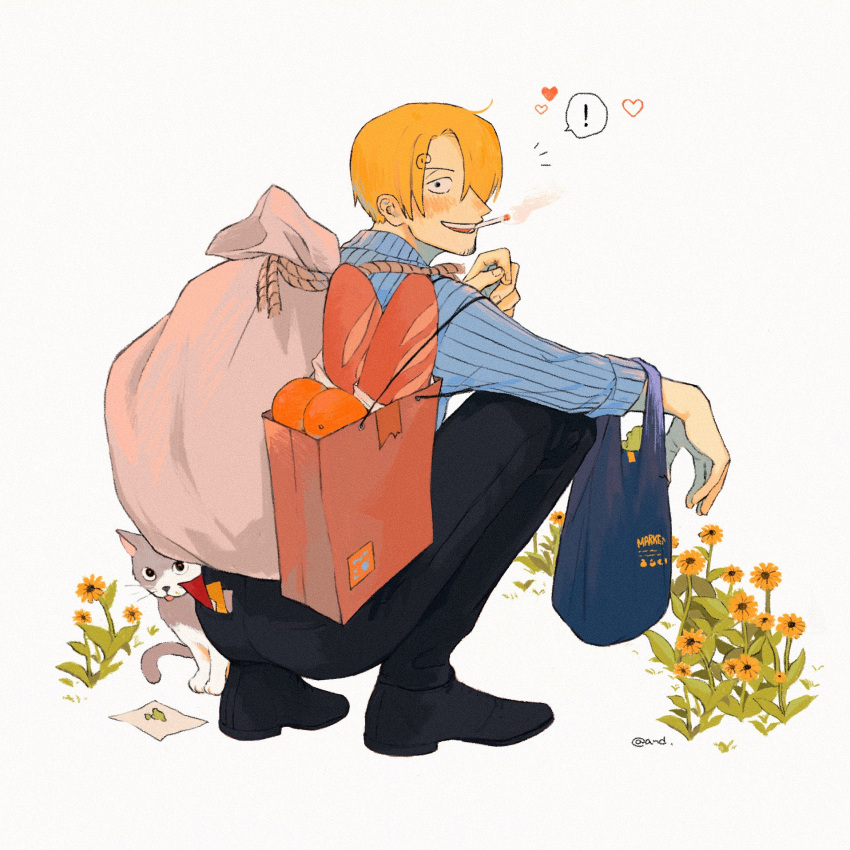 !, 1boy, allout, animal, bag, baguette, black_pants, black_shoes