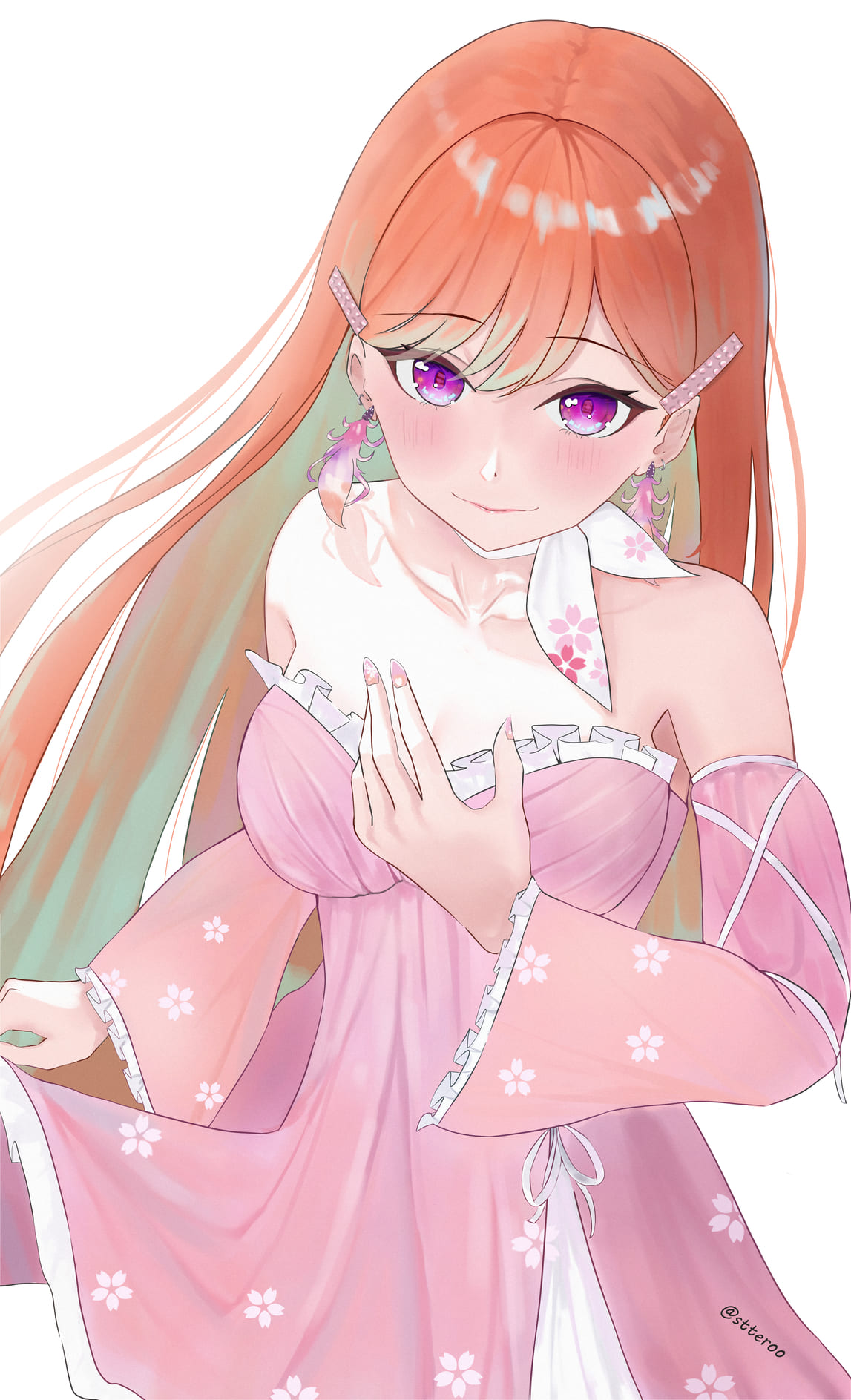1girl, bow, bow_choker, choker, commentary, earrings, feather_earrings, feathers