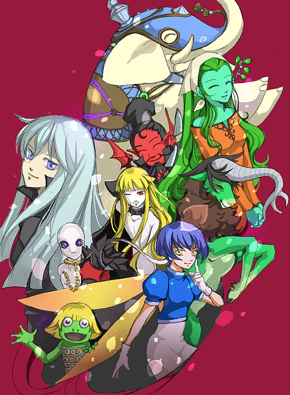 1other, 3boys, 4girls, airavata_(megami_tensei), bare_shoulders, blonde_hair, blue_eyes, blue_hair, blue_shirt, bodysuit, chain, chain_leash, chef_hat, closed_eyes, colored_skin, cunhur_(megami_tensei), demon, demon_(megami_tensei), detached_carousel_horse, devil_summoner:_soul_hackers, devil_summoner_(series), dress, elephant, facial_hair, fairy, fairy_wings, frog, gloves, green_hair, green_skin, hat, headscarf, heqet_(megami_tensei), hooves, horns, knife, leash, long_hair, mane, multiple_boys, multiple_girls, mustache, nemissa, nimai, nisroc_(megami_tensei), pale_skin, pants, pixie_(megami_tensei), purple_hair, red_background, red_dress, red_eyes, seere_(megami_tensei), shirt, short_hair, silky_(megami_tensei), simple_background, very_long_hair, white_gloves, white_pants, wings, zeed_(soul_hackers)