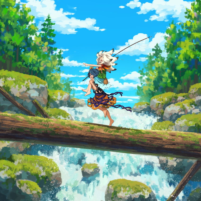 2girls, absurdres, barefoot, blue_hair, blue_sky, carrying, carrying_person, chirizuka_ubame, closed_eyes, clouds, day, facial_mark, fishing_rod, forehead_mark, grey_hair, highres, holding, holding_fishing_rod, houjuu_chimi, leaf_shirt, long_hair, multiple_girls, open_mouth, orange_skirt, outdoors, pointing, shoulder_carry, skirt, sky, smile, suteruko, touhou, tree, water, waterfall