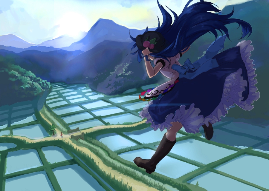 blue_hair, boots, flying, food, fruit, hakurei_reimu, hat, hinanawi_tenshi, knee_boots, long_hair, long_skirt, mountain, peach, rice_paddy, scenery, skirt, solo, touhou, vica, water, wind