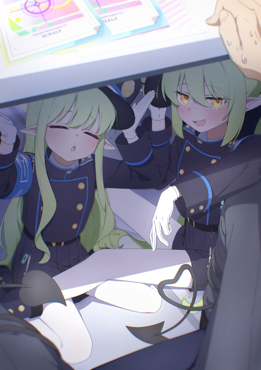 1boy, 2girls, :d, =_=, absurdres, arm_rest, armband, belt