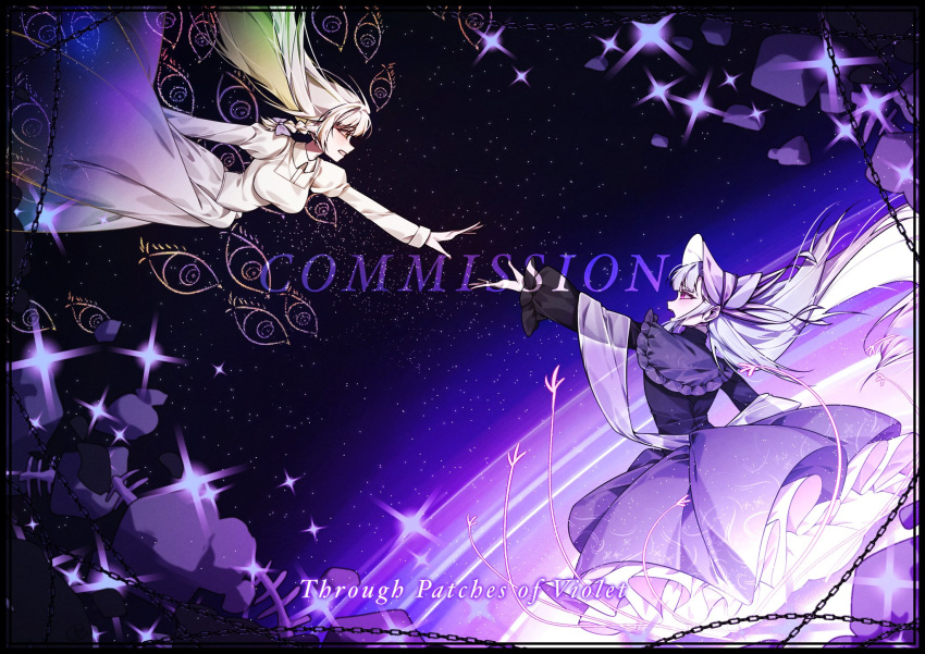 2girls, bonnet, commentary_request, commission, dress, floating_hair, highres, juliet_sleeves, long_hair, long_sleeves, mili_(band), multiple_girls, open_mouth, puffy_sleeves, purple_bonnet, purple_dress, purple_theme, reaching, reaching_towards_another, reaching_towards_viewer, red_eyes, shawl, suillus, through_patches_of_violet, very_long_hair, white_hair, white_shawl