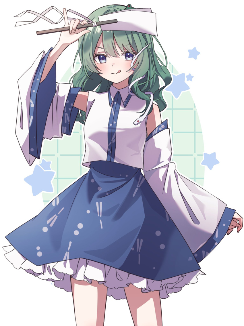 1girl, bare_shoulders, blue_eyes, blue_skirt, blush, breasts, closed_mouth, collared_shirt
