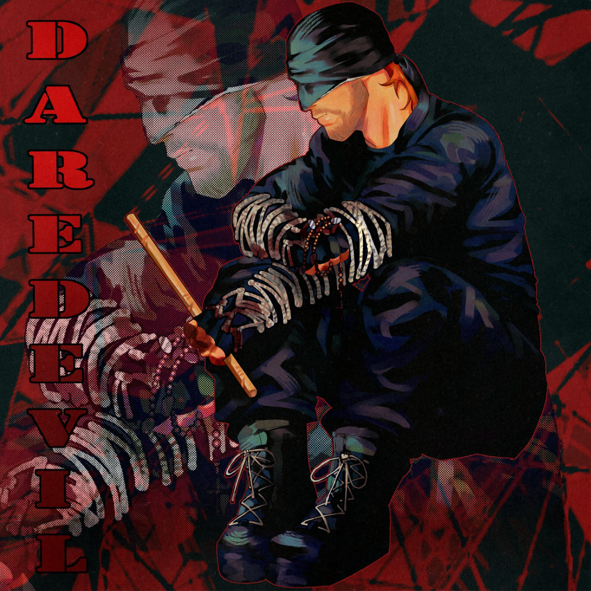 1boy, absurdres, beard, blindfold, blood, daredevil, daredevil_(netflix), facial_hair