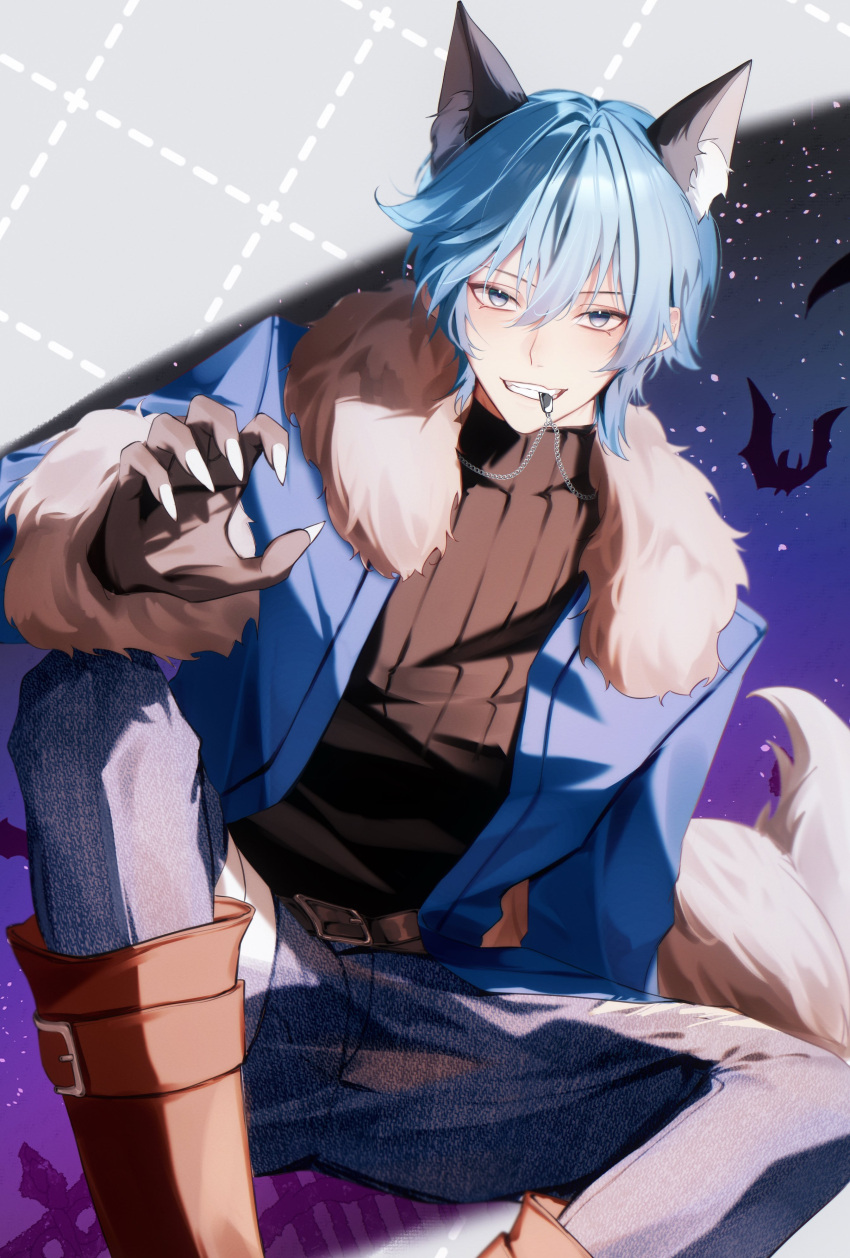 1boy, absurdres, alternate_costume, animal_ears, bat_(animal), biting, black_shirt, blue_eyes