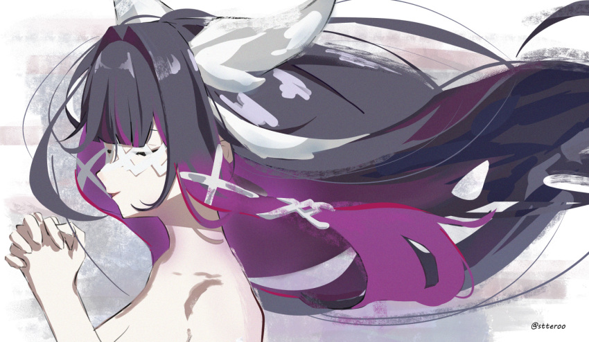 closed_eyes, columbina_(genshin_impact), commentary, eye_mask, eyes_on_wings, feathered_wings, genshin_impact, hair_ornament