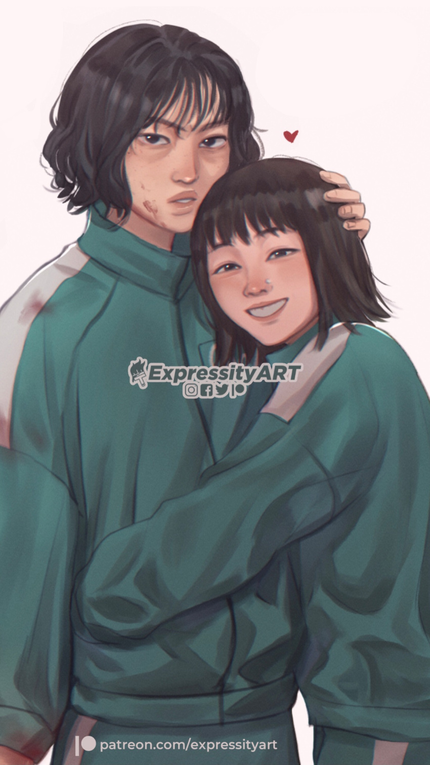 2girls, asian, black_hair, blood, blood_stain, brown_hair, expressity, heart
