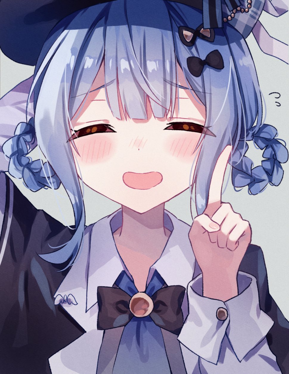 1girl, :d, ^_^, arm_up, black_bow, blue_hair, blue_necktie, blush