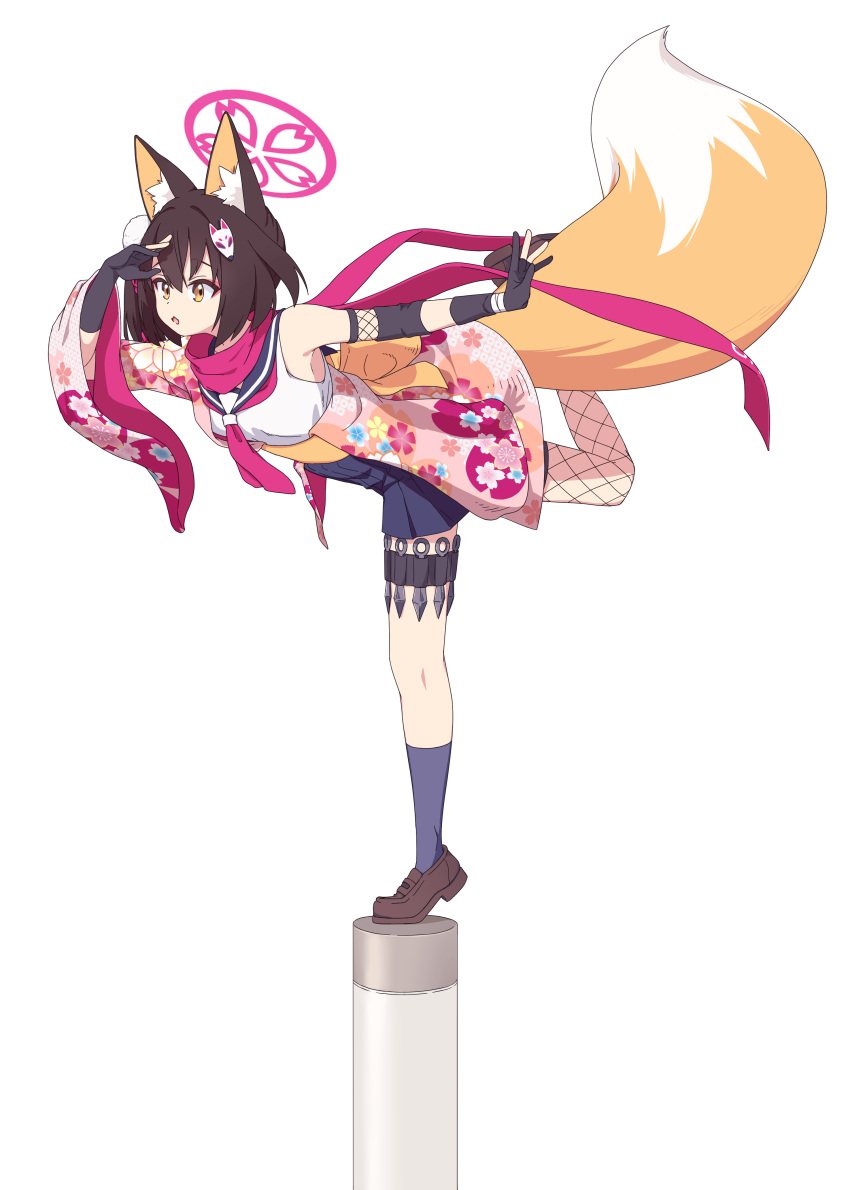 1girl, absurdres, animal_ear_fluff, animal_ears, asymmetrical_legwear, black_gloves, black_sailor_collar, black_skirt, black_socks, blue_archive, brown_hair, brown_shoes, cherry_blossom_print, commentary, eyeshadow, fishnet_thighhighs, fishnets, floating_scarf, floral_print, floral_print_kimono, fox_ears, fox_girl, fox_hair_ornament, fox_tail, fuhao10708, full_body, gloves, hair_ornament, halo, hands_up, highres, izuna_(blue_archive), japanese_clothes, kimono, kneehighs, kunai, loafers, long_scarf, looking_ahead, makeup, medium_hair, miniskirt, mismatched_legwear, neckerchief, ninja, open_mouth, partially_fingerless_gloves, pink_eyeshadow, pink_halo, pink_kimono, pink_neckerchief, pink_scarf, pleated_skirt, pom_pom_(clothes), pom_pom_hair_ornament, print_kimono, sailor_collar, scarf, school_uniform, serafuku, shading_eyes, shirt, shoes, simple_background, single_thighhigh, skirt, sleeveless, sleeveless_shirt, socks, solo, standing, standing_on_one_leg, symbol-only_commentary, tail, tail_raised, thigh-highs, tiptoes, weapon, white_background, white_shirt, yellow_eyes